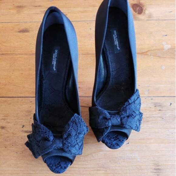 Dolce and Gabbana Satin Lace Bow Pump Black Platform Heels Peep Toe Size 39 - Picture 4 of 8